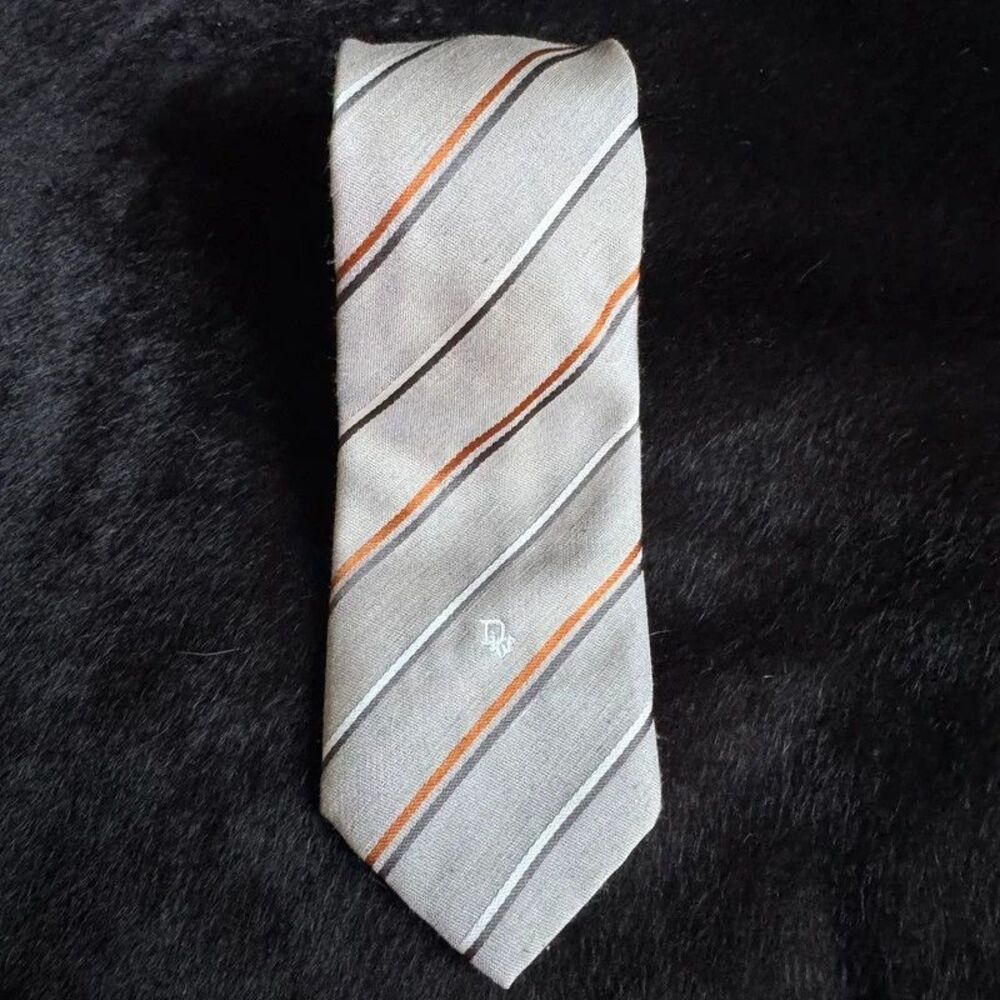 Christian Dior Vintage Stripe Tie Polyester Linen Tan Brown Orange Embroidered